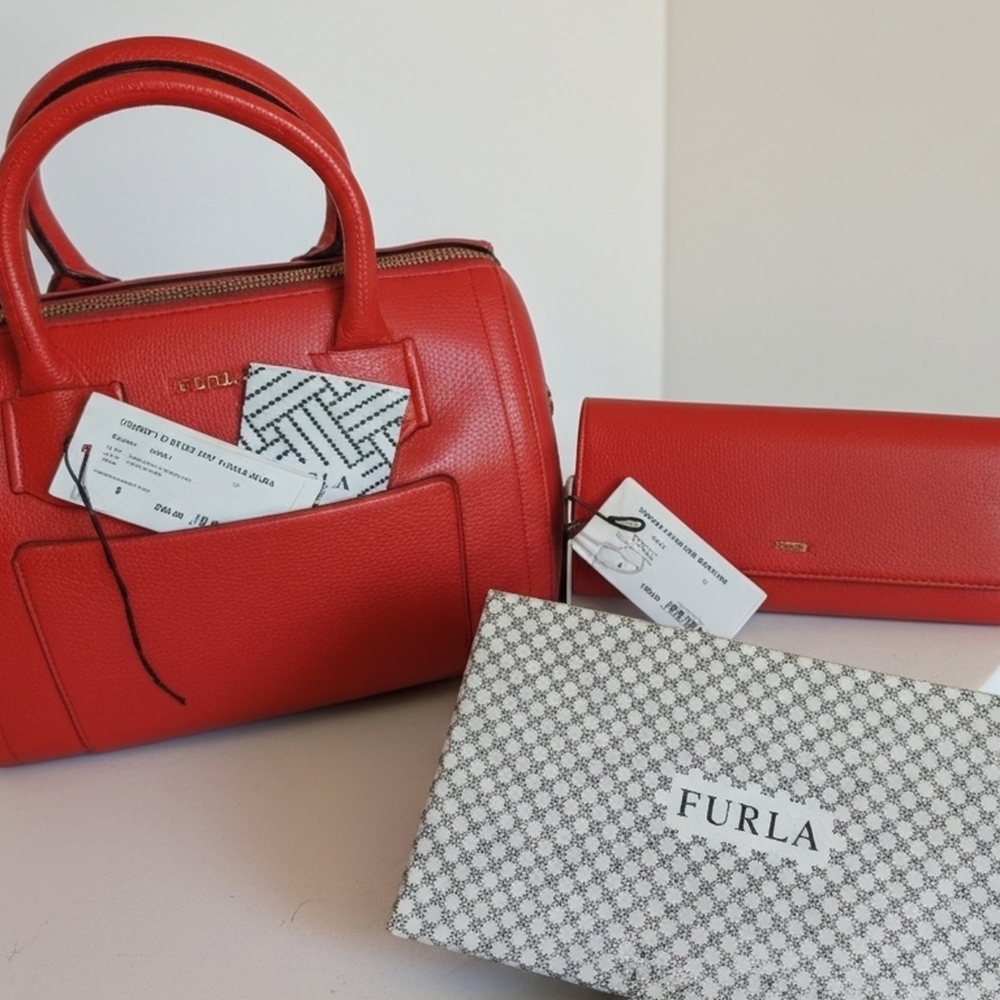 NWT Furla Vibrant Red Satchel Bag With Matching Wallet